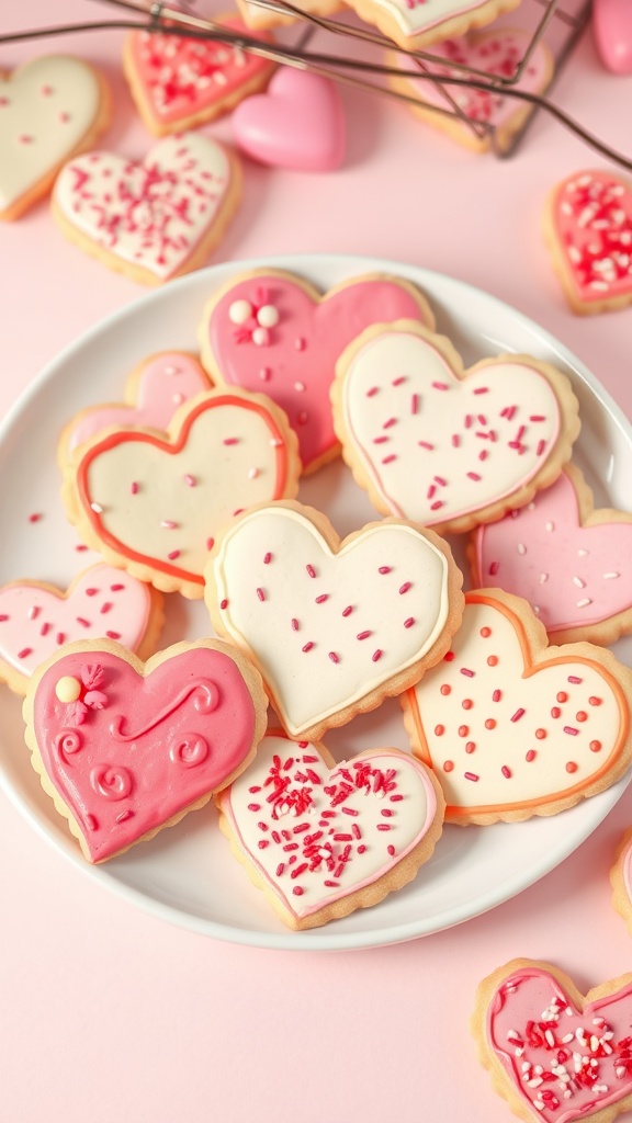 Heart-shaped sugar cookies decorated with icing and sprinkles on a white plate.